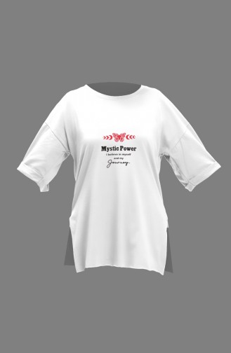 Baskılı Pamuklu Tshirt 20018-06 Beyaz
