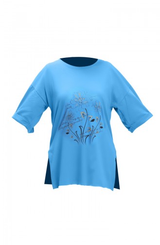 Baskılı Pamuklu Tshirt 20021-01 Mavi