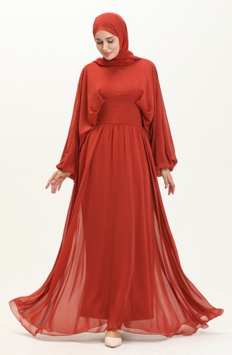 فستان سهرة شيفون بأكمام فراشة 6068-02 قرميدي 6068-02