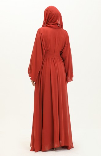 فستان سهرة شيفون بأكمام فراشة 6068-02 قرميدي 6068-02