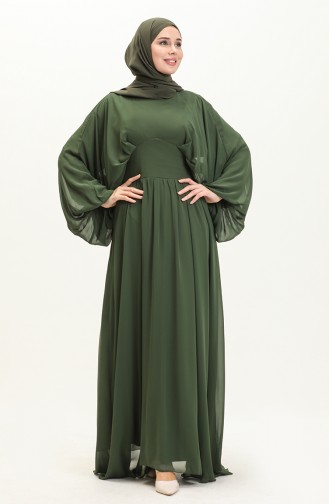 فستان سهرة شيفون بأكمام فراشة 6068-03 أخضر عسكري 6068-03
