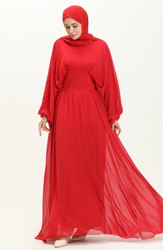 Robe de Soirée Mousseline Manches Chauve-souris 6068-04 Rouge  6068-04