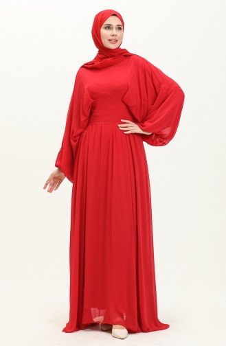 Yarasa Kol Şifon Abiye Elbise 6068-04 Kırmızı