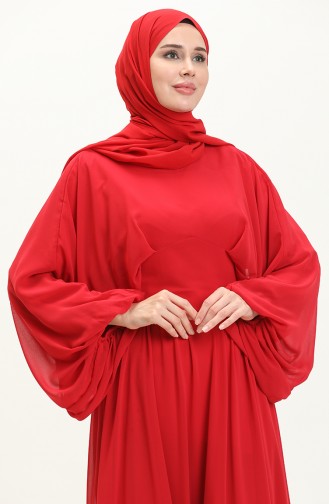 Robe de Soirée Mousseline Manches Chauve-souris 6068-04 Rouge  6068-04