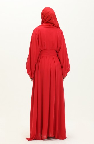 Yarasa Kol Şifon Abiye Elbise 6068-04 Kırmızı