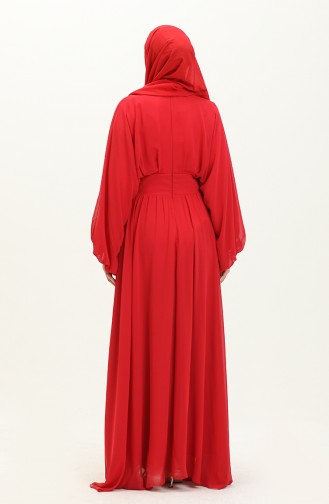 Robe de Soirée Mousseline Manches Chauve-souris 6068-04 Rouge  6068-04