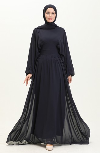 Bat Sleeve Chiffon Evening Dress 6068-09 Navy Blue 6068-09