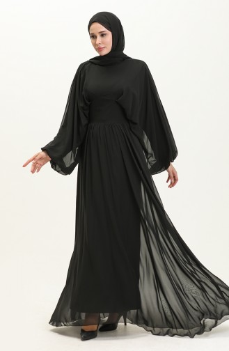 Yarasa Kol Şifon Abiye Elbise 6068-10 Siyah