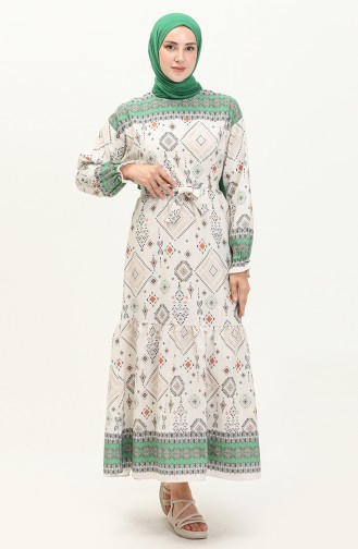 Patterned Linen Dress 40461-01 Beige Green 40461-01