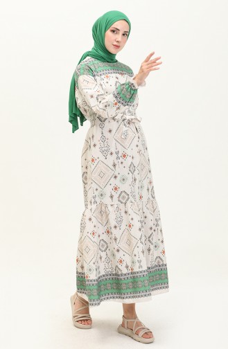 Patterned Linen Dress 40461-01 Beige Green 40461-01