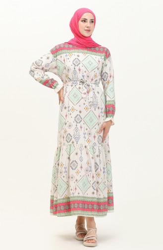 Patterned Linen Dress 40461-02 Beige Fuchsia 40461-02