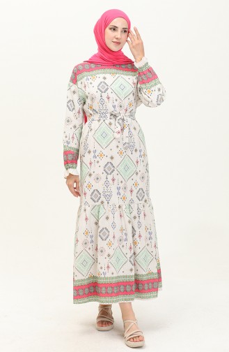 Patterned Linen Dress 40461-02 Beige Fuchsia 40461-02