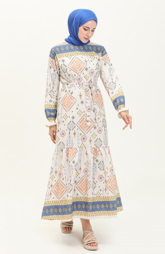 Patterned Linen Dress 40461-03 Beige Indigo 40461-03