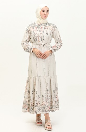 Patterned Linen Dress 40463-01 Beige Black 40463-01