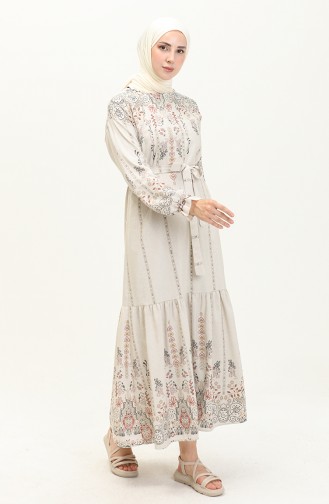 Patterned Linen Dress 40463-01 Beige Black 40463-01