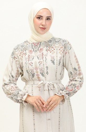 Patterned Linen Dress 40463-01 Beige Black 40463-01