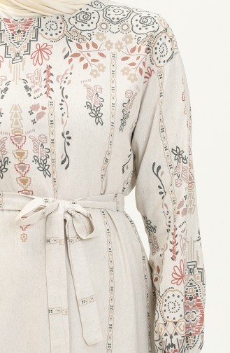 Patterned Linen Dress 40463-01 Beige Black 40463-01