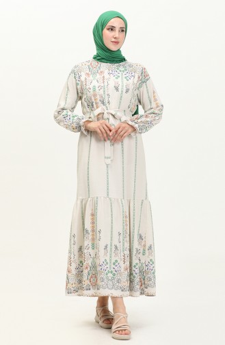 Patterned Linen Dress 40463-02 Beige Green 40463-02