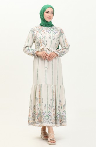 Robe en Lin à Motifs 40463-02 Beige Vert 40463-02