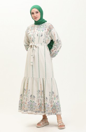 Patterned Linen Dress 40463-02 Beige Green 40463-02