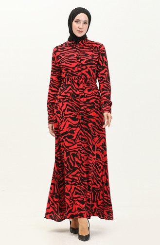 Kemerli Cepli Desenli Elbise 1754-01 Kırmızı