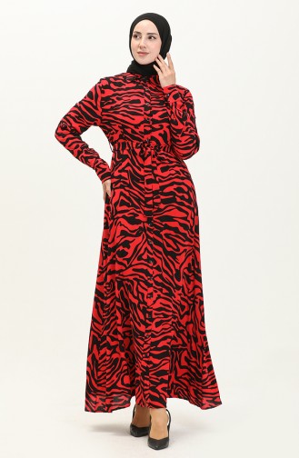 Gemustertes Kleid mit Gürtel und Taschen 1754-01 Rot 1754-01