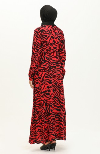 Kemerli Cepli Desenli Elbise 1754-01 Kırmızı