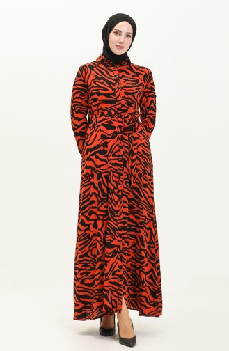 Belted Pocket Patterned Dress 1754-03 Brick Red 1754-03