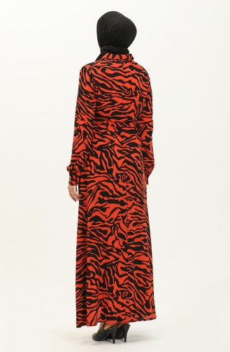 Belted Pocket Patterned Dress 1754-03 Brick Red 1754-03