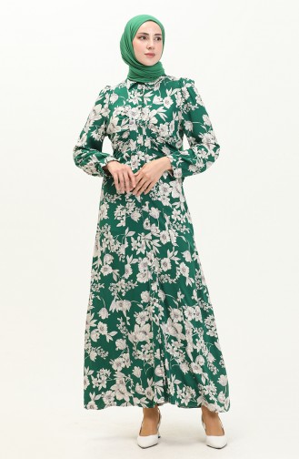 Buttoned Floral Print Dress 1761-01 Green 1761-01