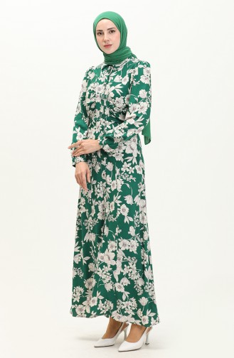 Buttoned Floral Print Dress 1761-01 Green 1761-01