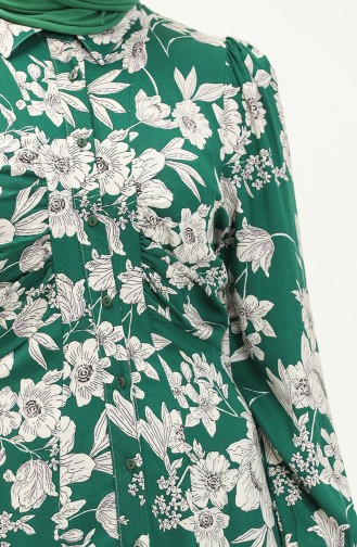 Düğmeli Çiçek Desenli Elbise 1761-01 Yeşil