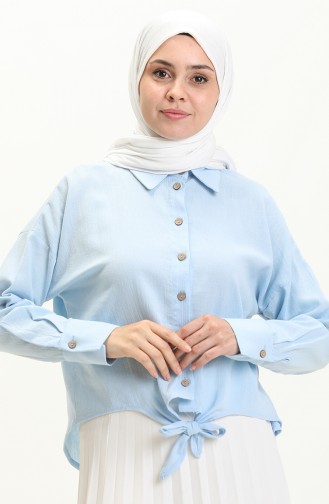 Belden Bağlamalı Keten Gömlek 61018-01 Bebe Mavisi