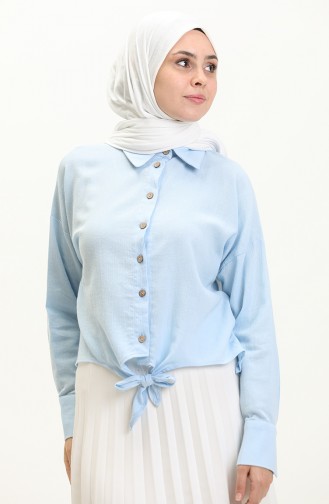 Belden Bağlamalı Keten Gömlek 61018-01 Bebe Mavisi
