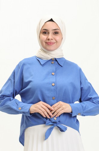 Belden Bağlamalı Keten Gömlek 61018-04 İndigo
