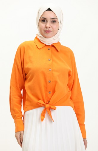 Belden Bağlamalı Keten Gömlek 61018-06 Oranj