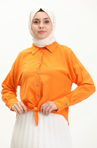 Belden Bağlamalı Keten Gömlek 61018-06 Oranj