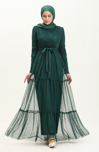 Pleated Tulle Evening Dress 5562-02 Emerald Green 5562-02