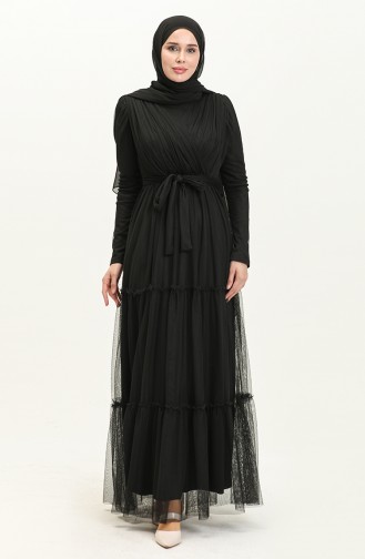 Pleated Tulle Evening Dress 5562-06 Black 5562-06