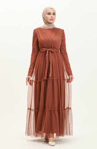 Pleated Tulle Evening Dress 5562-07 Brown 5562-07