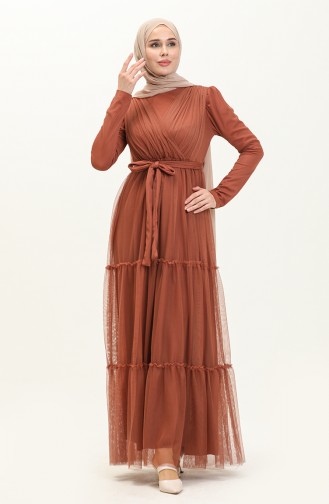 Pleated Tulle Evening Dress 5562-07 Brown 5562-07