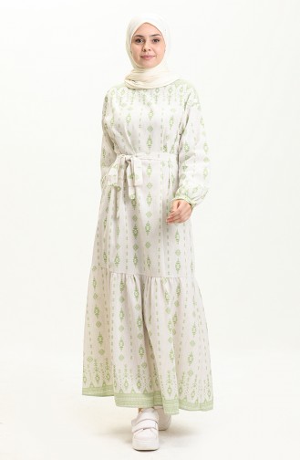 Etek Ucu Büzgülü Keten Elbise 40462-02 Bej Fıstık Yeşili