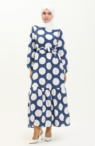 Terikoton gepunktetes gemustertes Kleid 41000-03 Marineblau 41000-03