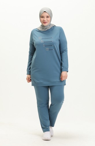 Plus Size Mesh Detailed Tracksuit Set 11023-01 Blue 11023-01