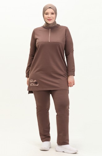 Plus Size Pocketed Tracksuit Set 11042-02 Brown 11042-02