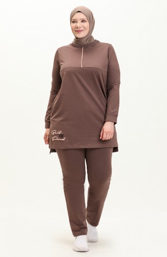 Plus Size Pocketed Tracksuit Set 11042-02 Brown 11042-02