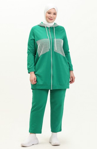 Plus Size Mesh Detailed Tracksuit Set 12000-01 Green 12000-01