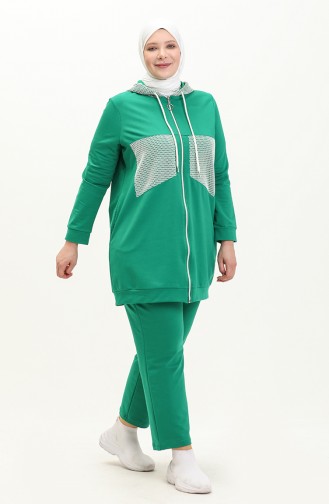 Plus Size Mesh Detailed Tracksuit Set 12000-01 Green 12000-01