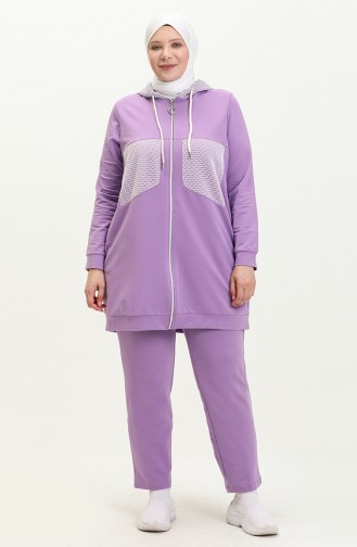 Plus Size Mesh Detailed Tracksuit Set 12000-03 Lilac 12000-03