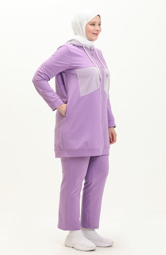 Plus Size Mesh Detailed Tracksuit Set 12000-03 Lilac 12000-03